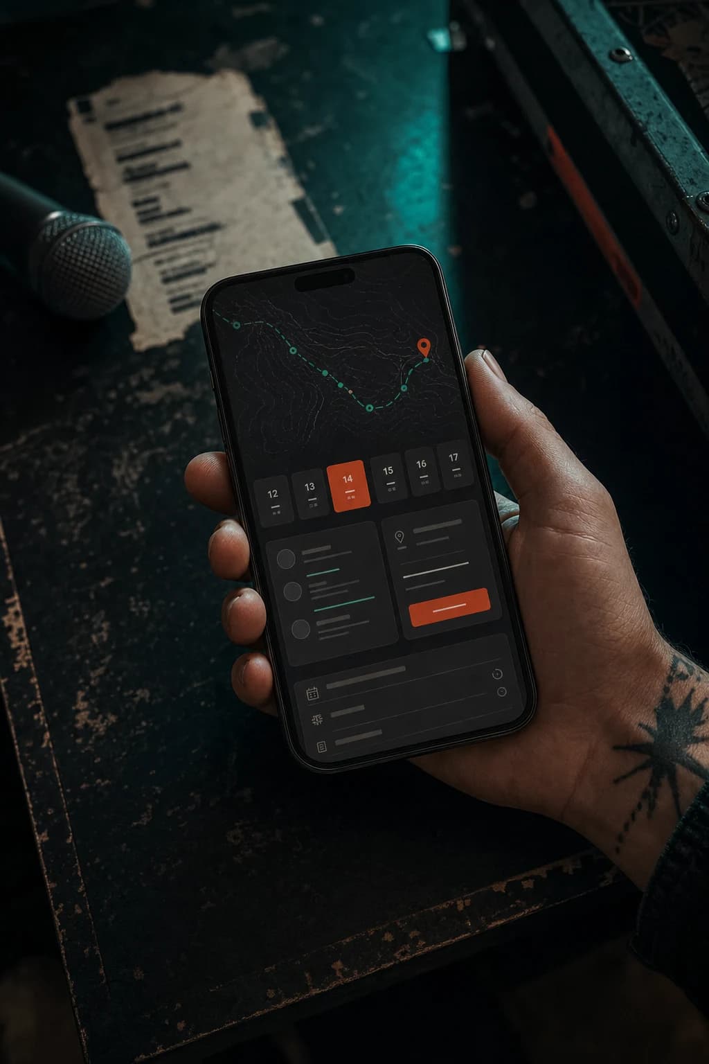 Phone showing a route and booking dashboard in a dark backstage setting