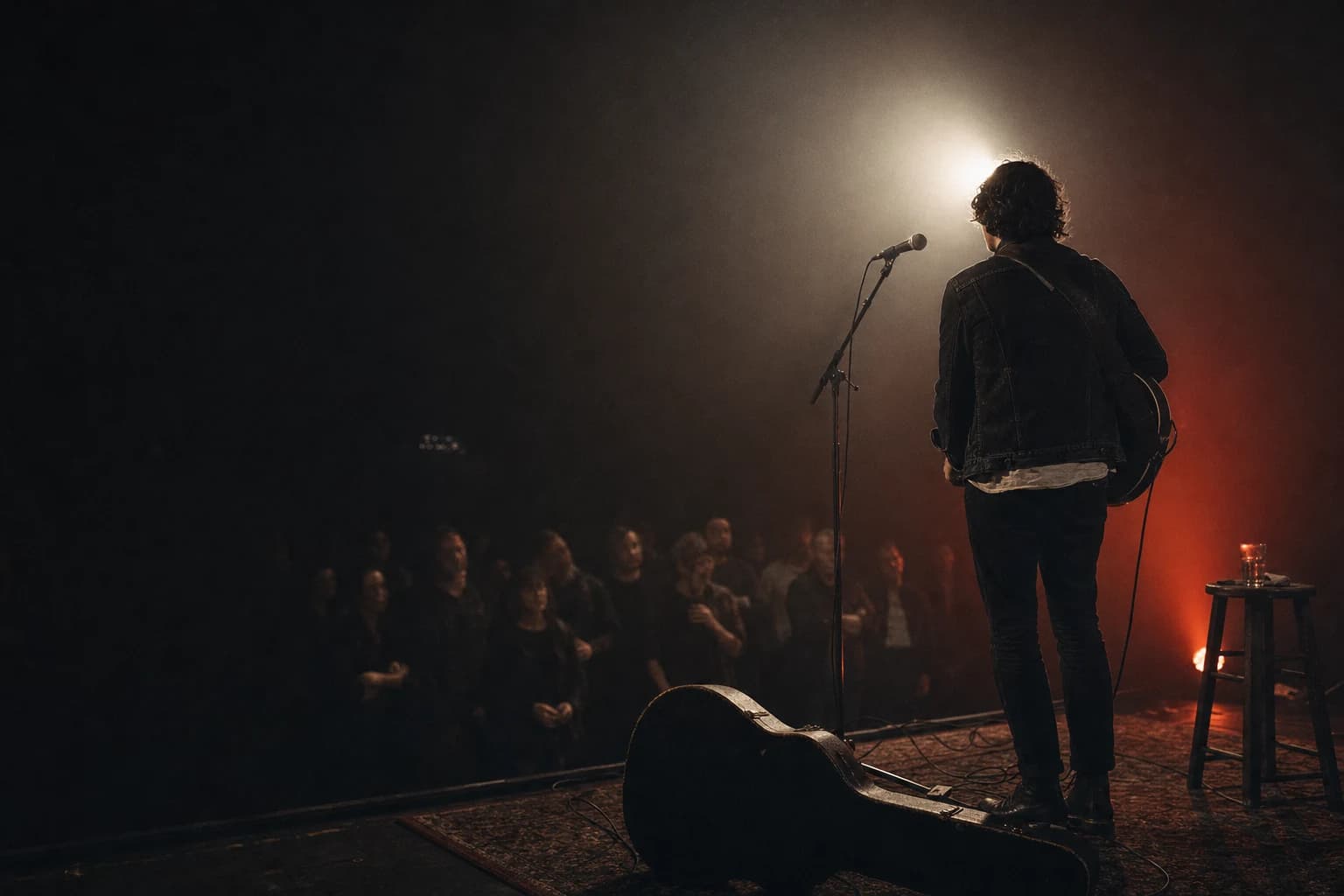 Independent musician performing in a small venue with a softly lit audience